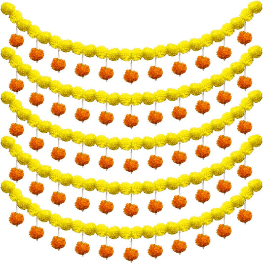 5 Pcs Marigold Garland Diwali Decor Artificial Flowers, 4.5 Feet Artificial Marigold Flowers for Indian Pooja Diwali Home Mantle Decor Wedding Decoration for All Year Decoration (Yellow＆Orange)