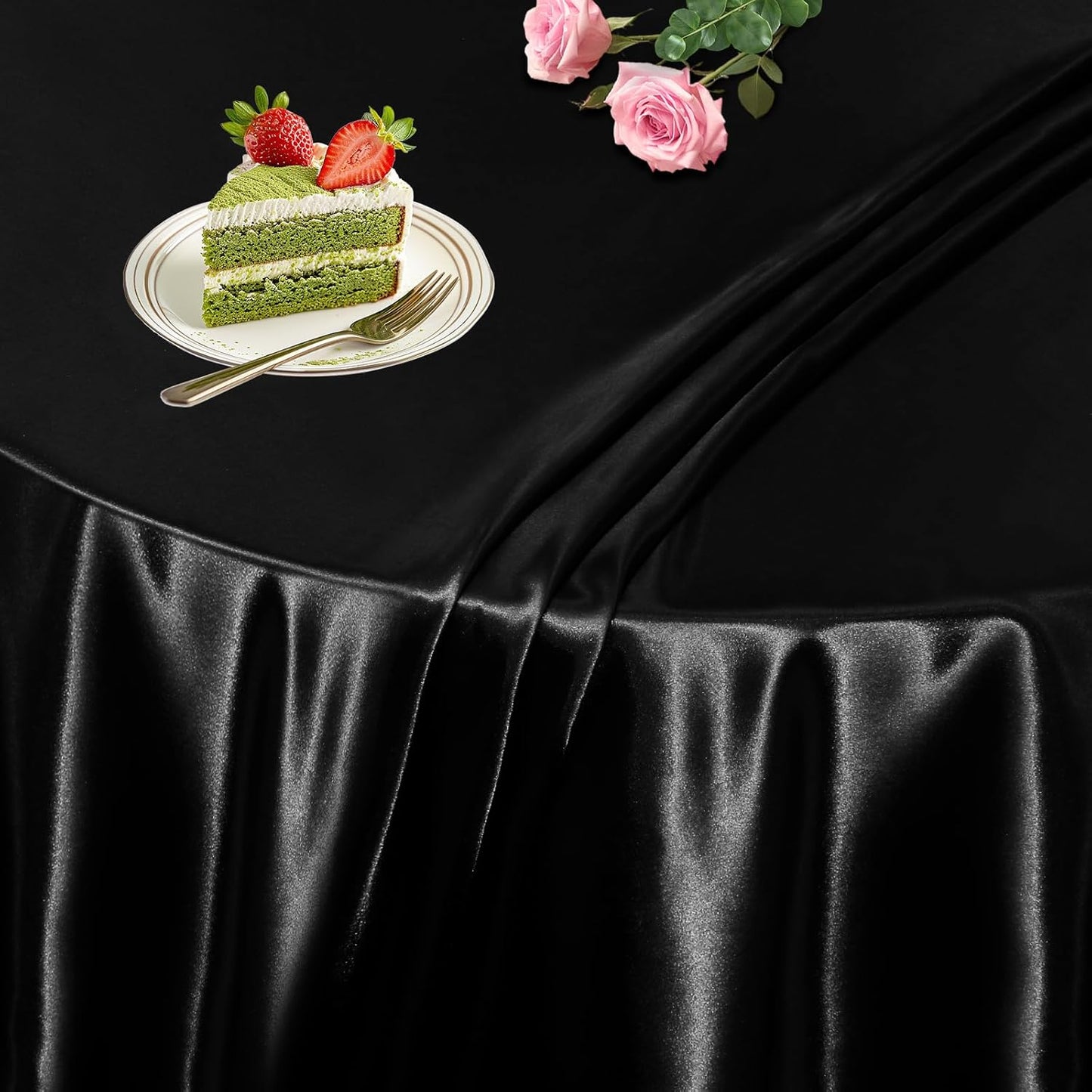 KKJIAF 1 Pack 108 Inch Round Table Cloth, Black Overlay Round Satin Table Cover, Silky Satin Dining Tablecloths for Wedding Buffet Parties Banquet Decoration