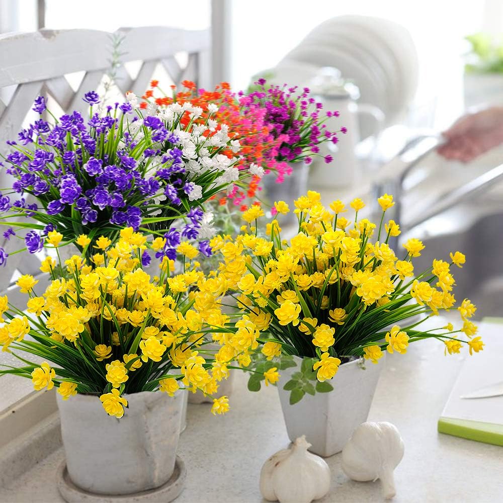 Artificial Flowers Outdoor UV Resistant Fake Plants Indoor Outside Hanging Planter Home Garden Decor, 10 Bundles (Yellow)