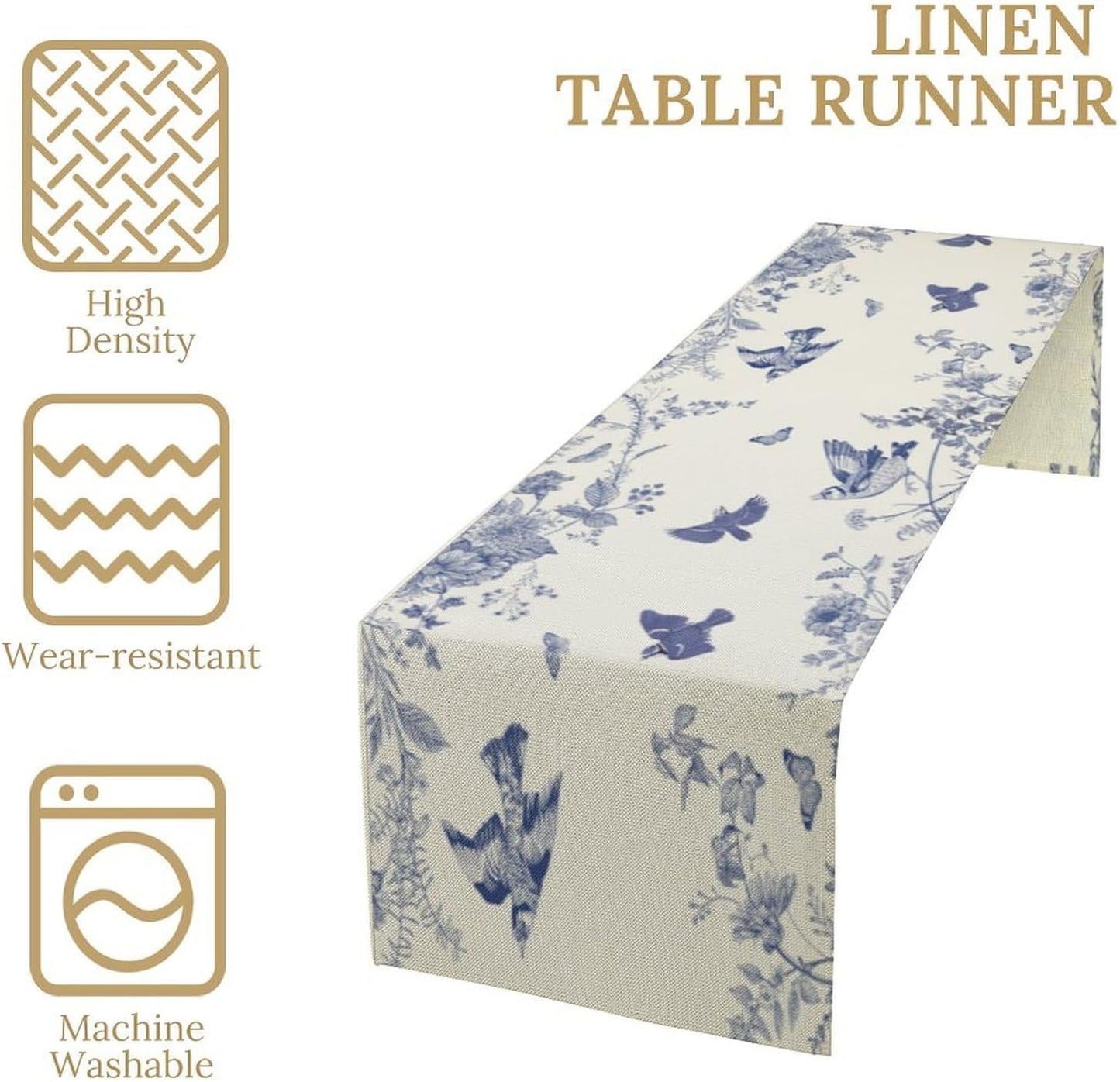 Monochrome Sketch Flowers Bird Table Runner, Seasonal Spring Fall Plants Blue Florals Dinner Runner for Home Kitchen Dining Table Party Holiday Decoration 13"x120"