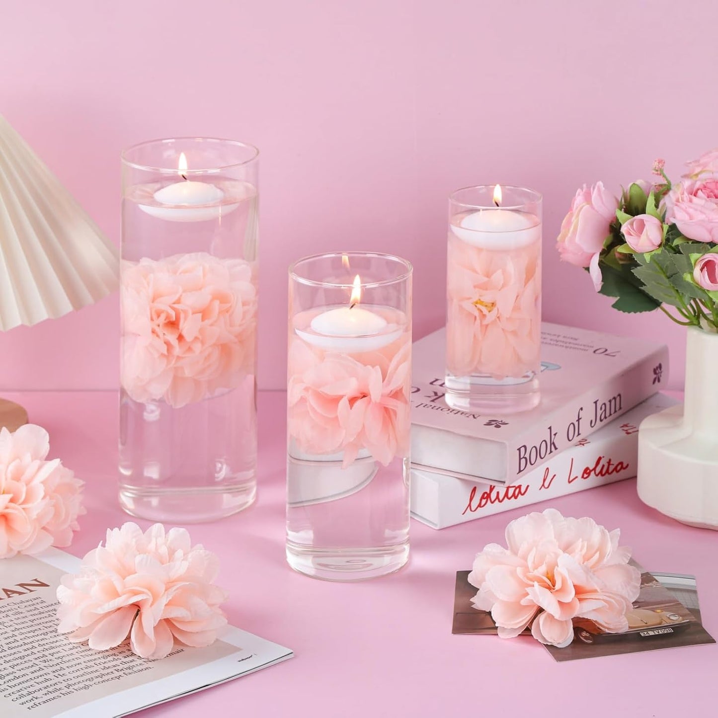 24 Pcs Floating Candles for Centerpieces and Floating Flowers for Centerpieces Pink Artificial Flowers Vase Fillers for Wedding Table Party Home Decoration
