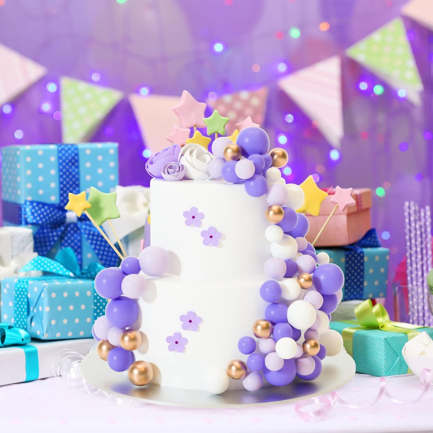 ASTARON 32 Pcs Ball Cake Topper Decorations Mini Balloons Cake Topper Sticks Foam Balls Cake Picks Cake Topper Balls Cake Decorations for Wedding Party Birthday Cake Decorating (Purple Gold)