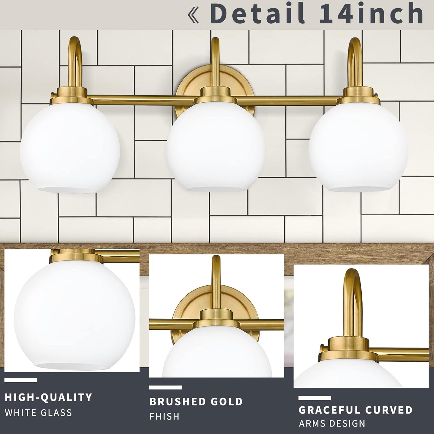 Gold Bathroom Light Fixtures, 3 Light Gold Modern Bathroom Light Fixtures Over Mirror with White Milk White Globe Glass Shade for Bathroom