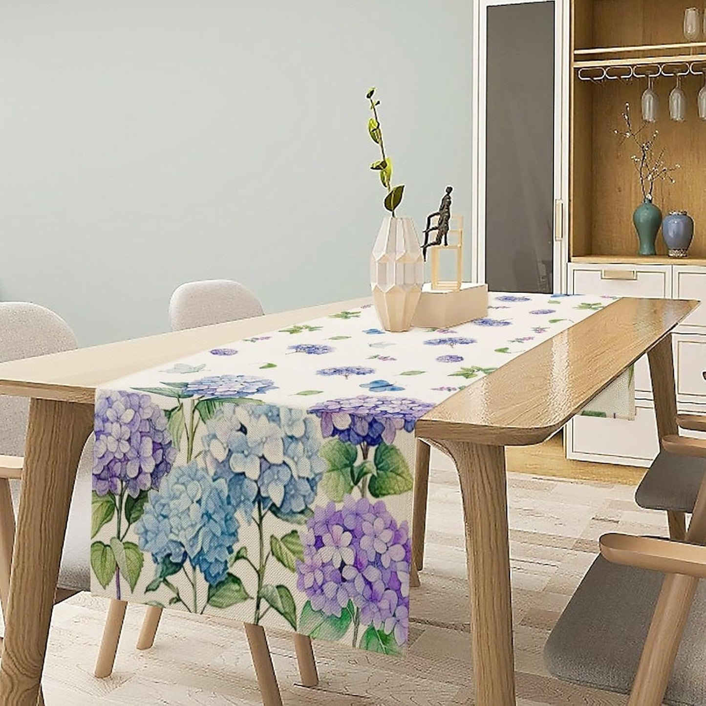 Spring Hydrangea Flower Table Runner, Seasonal Summer Plants Watercolor Florals Butterfly Dinner Runner for Home Kitchen Dining Table Party Holiday Decoration 13"x120"