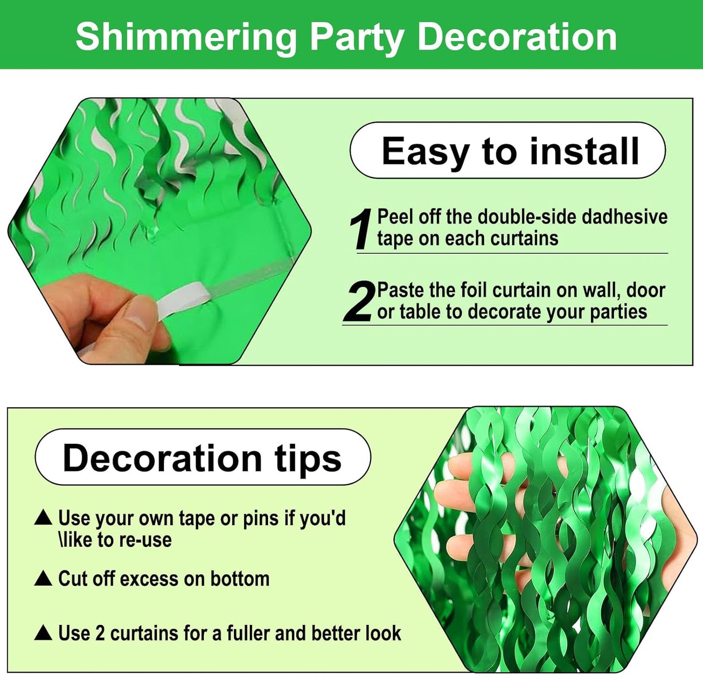 4 Pack Green Wave Foil Fringe Curtain Backdrop, 3.28Ft x 8.2Ft Metallic Tinsel Foil Fringe Streamer Curtains for Photo Booth, Mother's Day, Easter, Birthday, Wedding Party Decoration