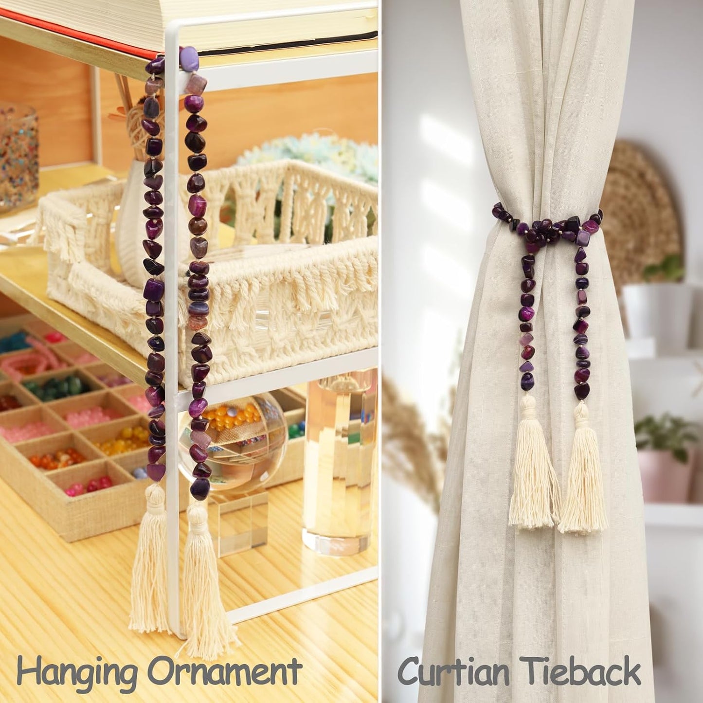 Agate Stone Hand Knotted Garland Modern Farmhouse Rustic Table Home Decor, 30inch Meditation Accessories with Tassel, Prayer Healing Beads Boho Wall Shelf Hanging Decoration (Deep Purple)