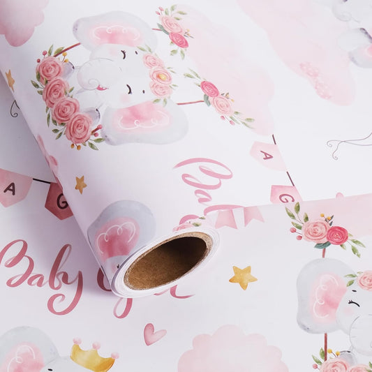 Aimyoo Pink Baby Shower Wrapping Paper Roll - 17 Inch X 16.5 Feet - Cute Elephant with Baby Girl Letter Design Perfect for Girls, Birthday, Party