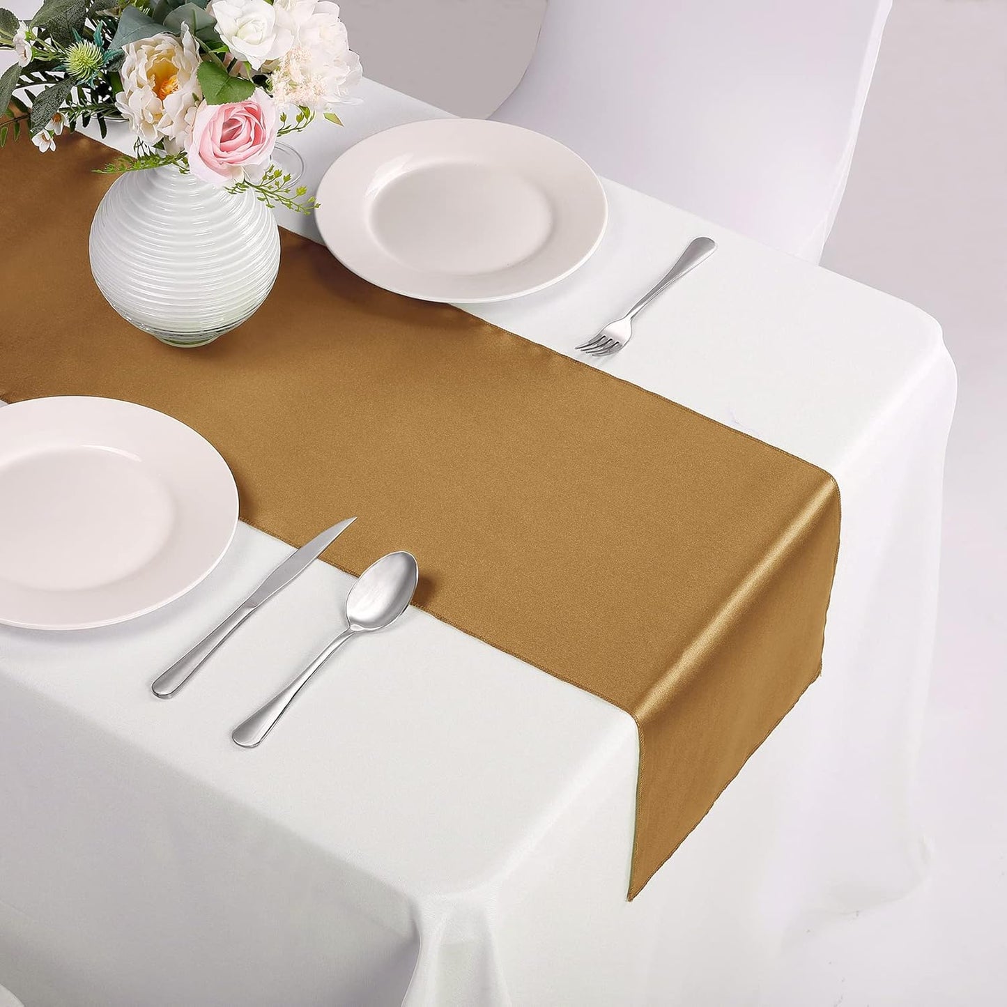 15-Pack Satin Table Runner Old Gold 12 x 108 inches Long, Table Runners for Wedding, Birthday Parties, Banquets Decorations（15 Pack, 12x108 Inch, Old Gold）