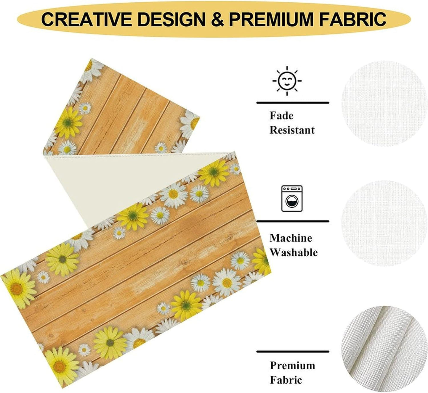 Farmhouse Floral Table Runner, Spring Seasonal Yellow Daisy Sunflower Retro Wooden Country Table Center Decor for Home Kitchen Dining Patio Holiday Party Table Decorations, 13"x72" Inch