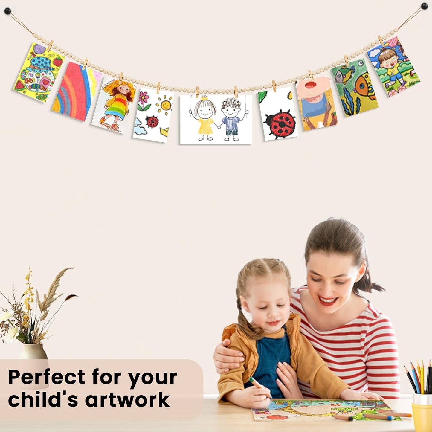 Hanging Photo Display with Clips, Boho Wooden Bead Garland Collage Picture Frame Wall Decor, Photo String with 10 Clips for Bedroom Room Dorm Cubicle Decor, Christmas Teen Girls Gifts