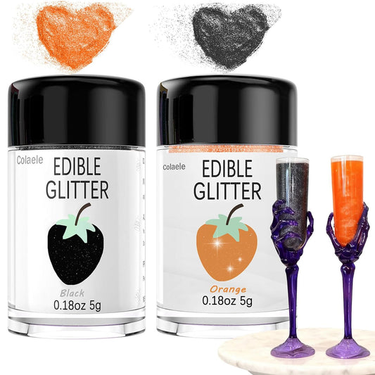 Orange Edible Glitter Black Glimmer Powder for Halloween Cakes Drinks, Colaele Edible Glitter Set Food Grade Luster Dust Metallic Food Decorating Sprinkle for Cake Cookies Decorations,Vegan, 5g/Jar