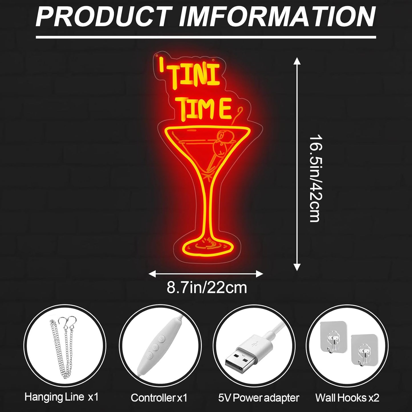 Tini Time LED Neon Sign, Martini Neon Sign for Bars, Elegant Cocktail Glass Neon, Martini Cocktail Bar Wall Decor, Bar Wall Art, Pub neon, 16.5"x8.7", Red