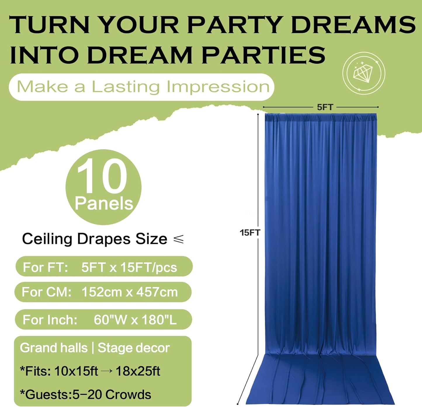 PartyVillage 50ft×15ft Royal Blue Backdrop Curtain for Wedding Parties, 10 Panels Wrinkle Free 15 FT Long Polyester Photo Backdrop Drapes Back Drop Cloth for Birthday Photography Background