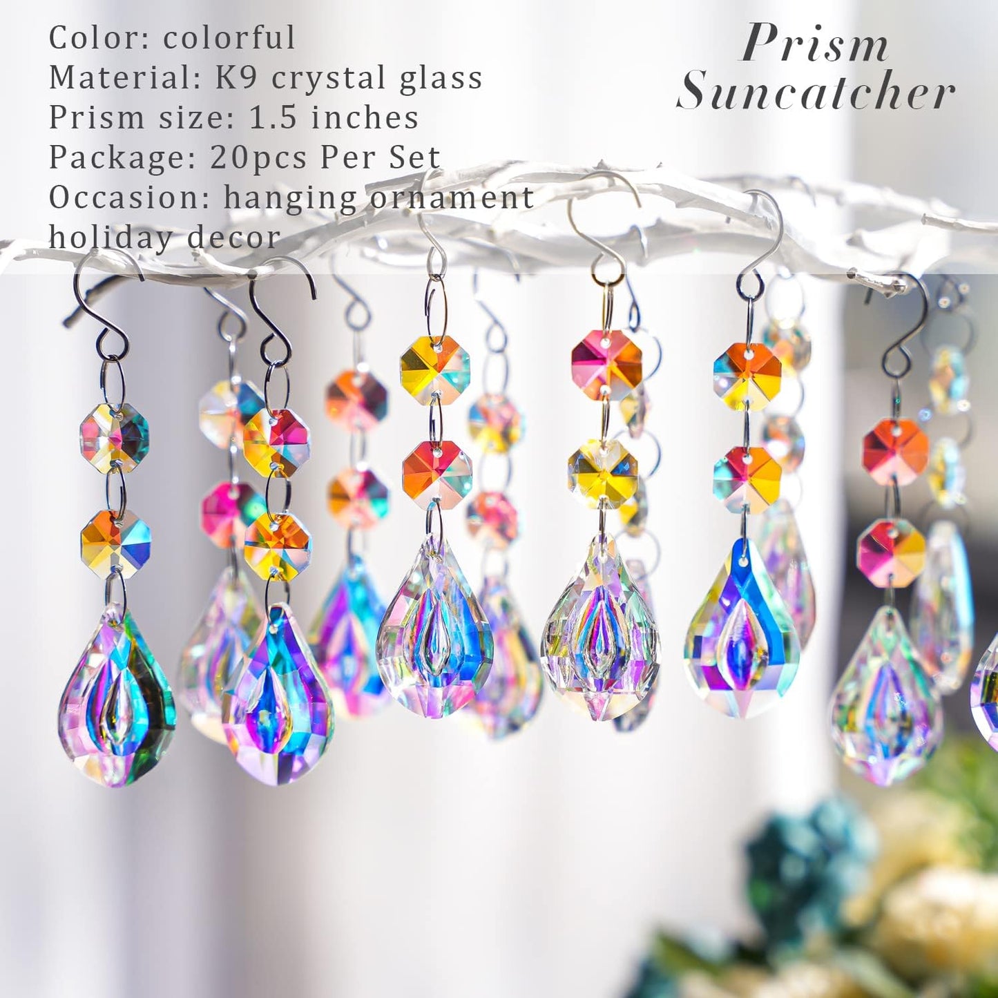 20pcs Colorful Crystals Suncatcher for Chandeliers with Hooks,38mm Chandelier Crystals Replacement,Hanging Prisms for Windows,Wedding,Christmas Tree Decoration