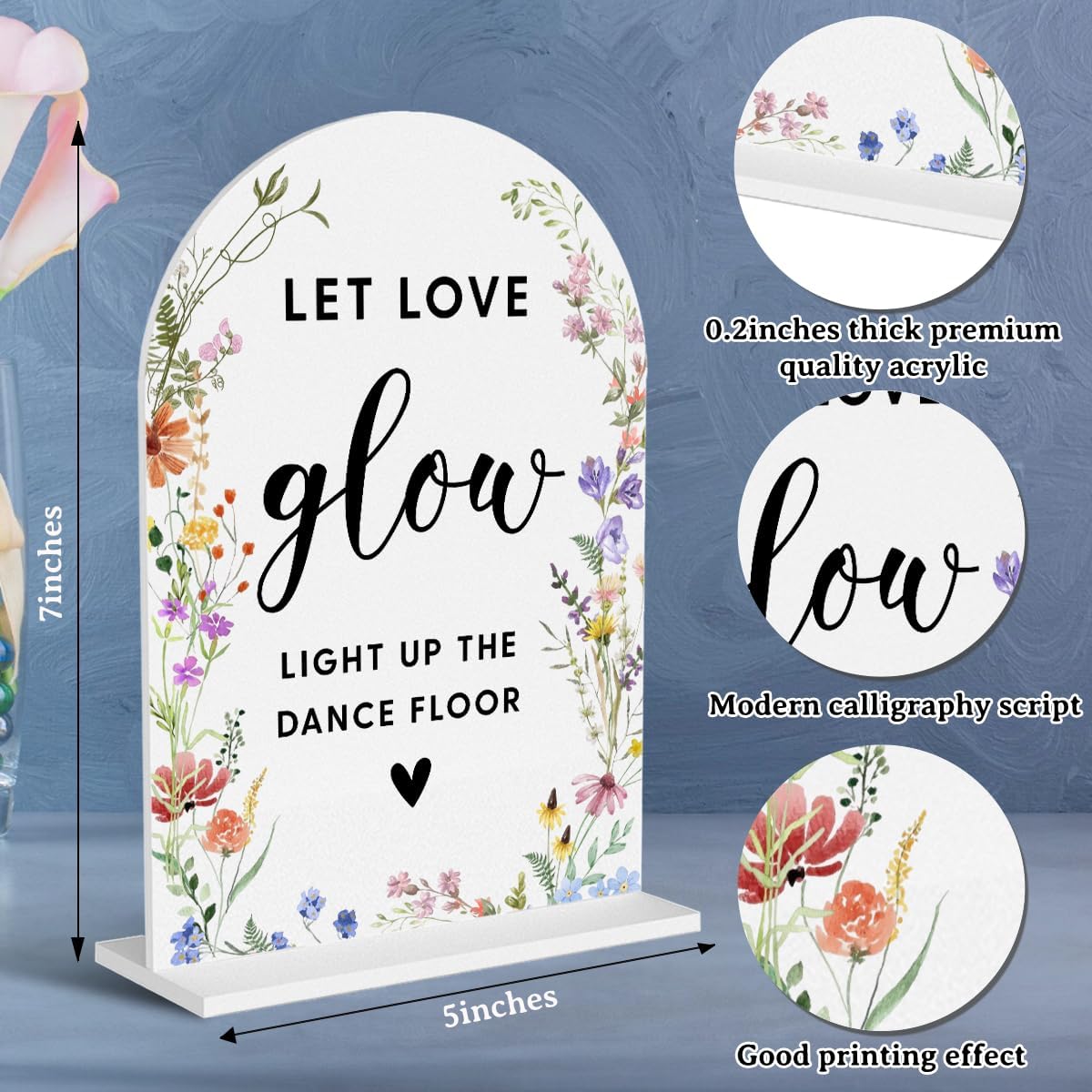 Acrylic Wedding Signs, Let Love Glow Signs for Marriage Reception, Bridal Shower Decorations, Modern Arched Round Top Acrylic Table Top Sign with Holder for Wedding Party Dinner (White Wildflowers)