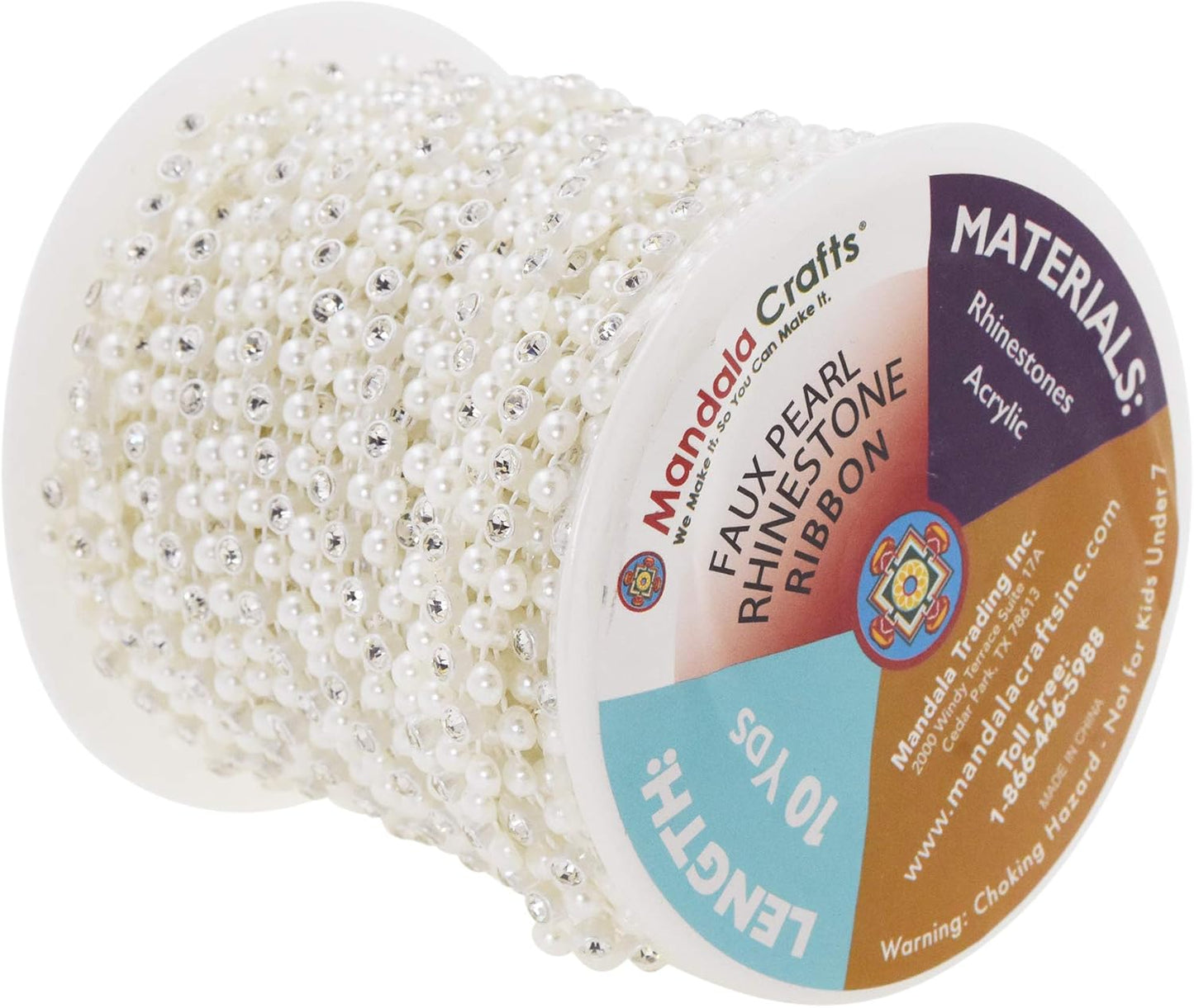 Mandala Crafts 0.5 Inch Crystal Faux White Pearl Beads Roll - 10 Yards Strand of Rhinestones Fake Pearls Chain Garlands Spool String for Christmas Tree, Wedding, Party, Vases, DIY Decoration