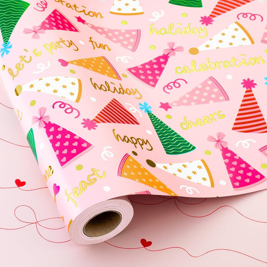 Yarcony Pink Birthday Wrapping Paper for Girl Women, Metallic Foil Girly Party Hat, Bow Design Happy Birthday Gift Wrap Paper for Kid Party, Baby Shower, Holiday (Mini Roll, 17 Inch X 33 Feet)