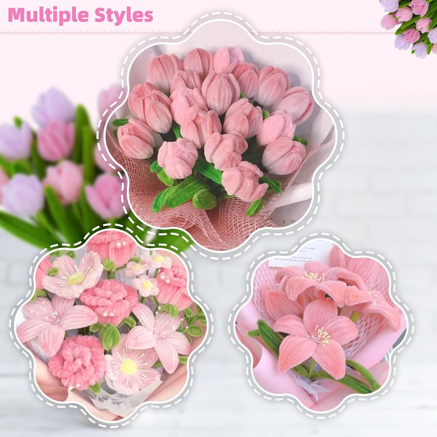 400 Pcs Pipe Cleaners Craft with Pastel Colors, Chenille Stems Flowers Craft Kit with Floral Wires, Floral Tape, Stamen & Ribbon, Pink Pipe Cleaner Flower Kit for Wedding Gift, Holiday Decoration
