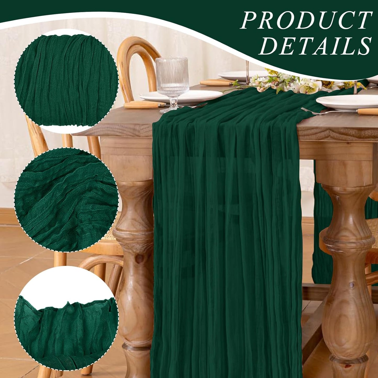 12 Pack Cheesecloth Table Runner 10Ft Christmas Gauze Boho Table Runners for Wedding Decor Bridal Shower Decorations Baby Shower Party(35" x 120")(Emerald Green)