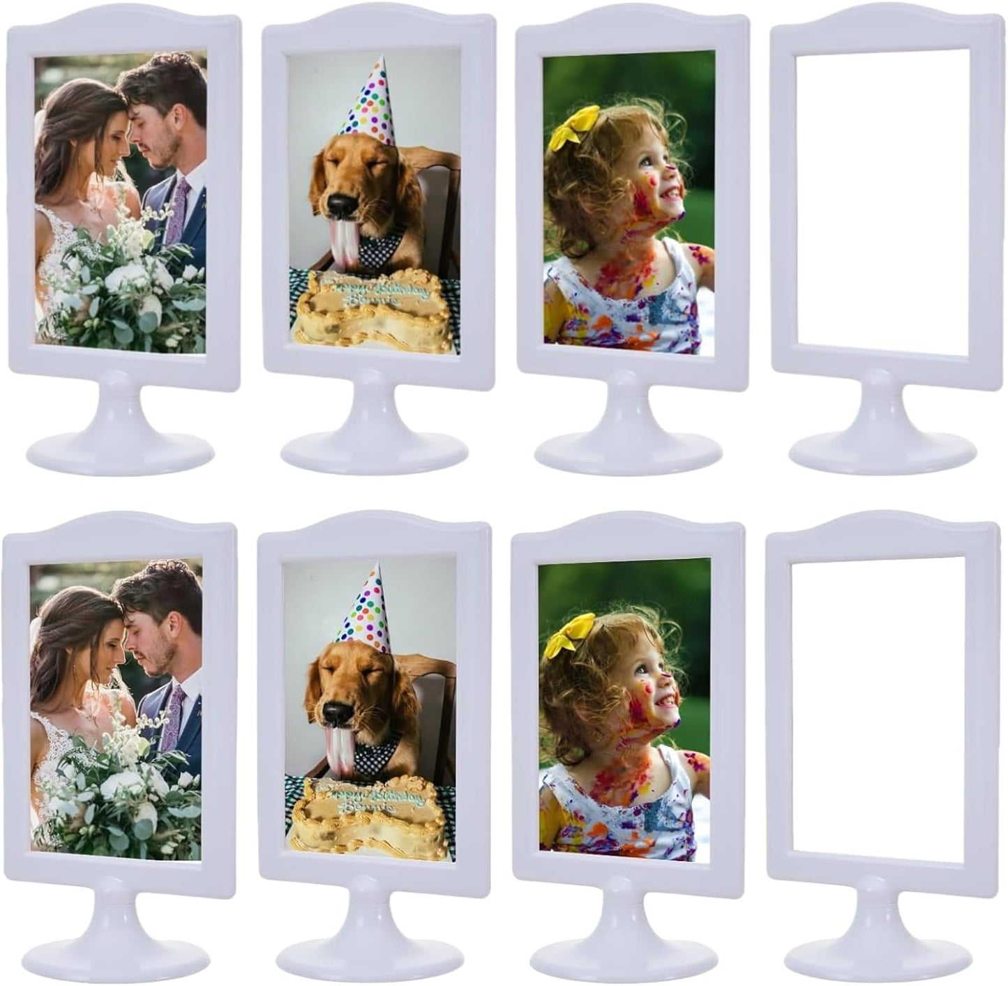 NahNah Double Sided Standing Picture Frames - (White, 8 Count) 4x6 Inch, Plastic Pedestal Photo Frame with Inserts and Base - 2 Sided Tabletop Vertical Display Frame for Wedding Table Bridal