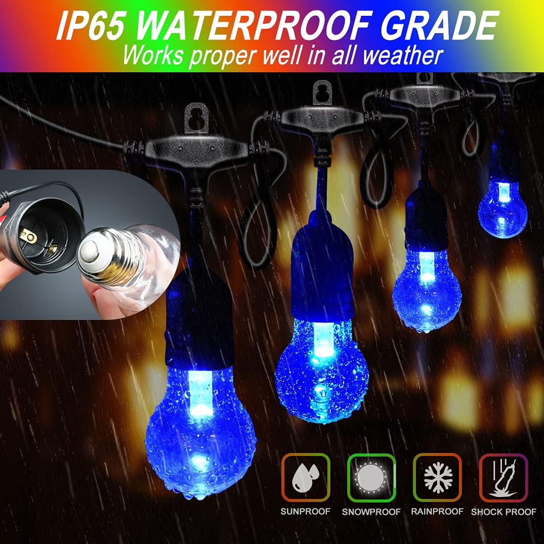 48FT Outdoor RGB String Lights, 16 Shatterproof Edison Bulbs, Dimmable Color Changing Patio Lights with Remote Control. Perfect for Bistro Commercial LED Decorative Lighting
