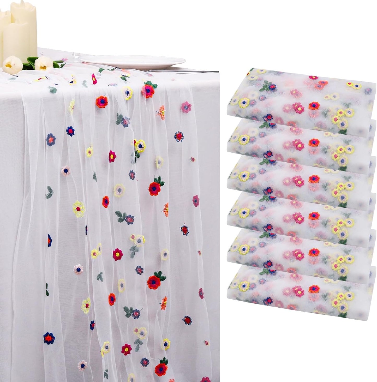 BINBE 6pcs Ivory Daisy Fall Table Runner Embroidery Gauze 10FT Florals Seasonal Tulle Holiday Birthday Kitchen Dining Table Decor for Home Party