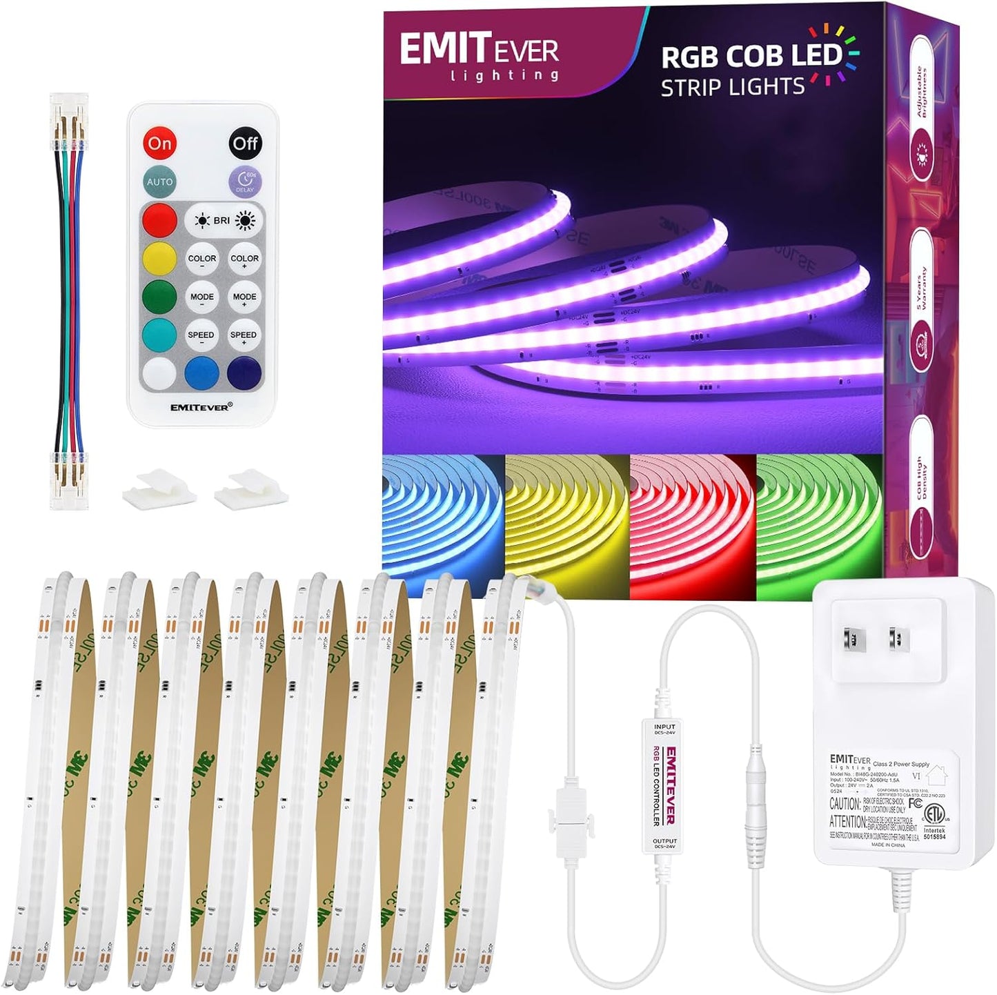 EMITEVER RGB LED Strip Light 16.4ft, Dimmable COB 24V Flexible LED Color Changing Tape Light Kit with Remote, High Density 3150LEDs for TV Backlight, Bedroom, Bar, Party Christmas Decoration
