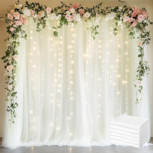 Fomcet Tulle Backdrop Curtains Ivory 30FT X 8FT Tulle Curtains with Lights String Sheer Curtain Backdrop for Parties Wedding Baby Shower Photo Shoot Decorations (6 Panels 5 x 8FT)