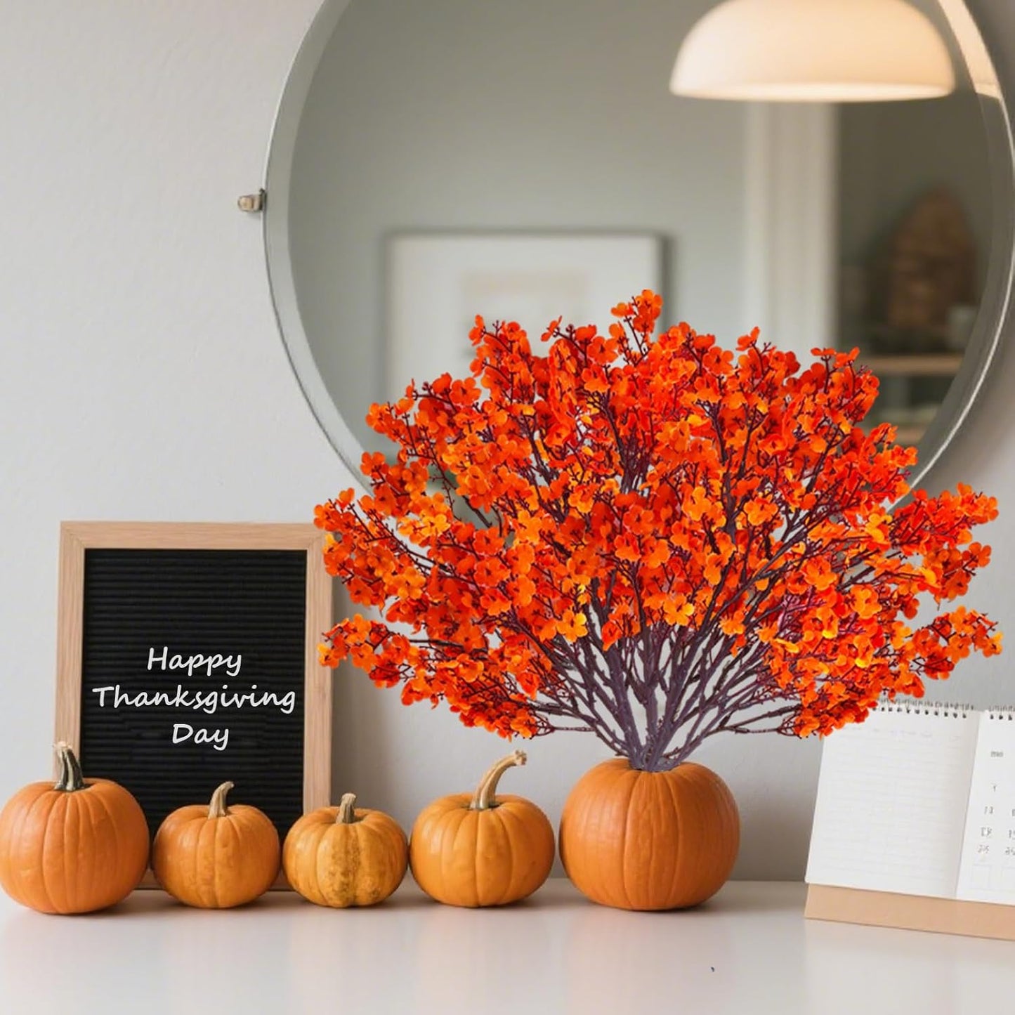 12PCS Fake Fall Flowers Orange Baby Breath Artificial Flowers Real Touch Silk Floral Arrangement Thanksgiving Autumn Table Centerpieces Home Kitchen Decor