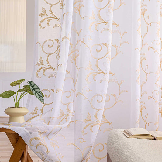 Sheer Curtains White-Beige 45 Inch Length Floral Embroidery Vintage Rod Pocket Voile Drapes for Living room, Bedroom, Window Treatments Semi Crinkle Curtain Panels for Farmhouse Set of 2, 52"x 45".