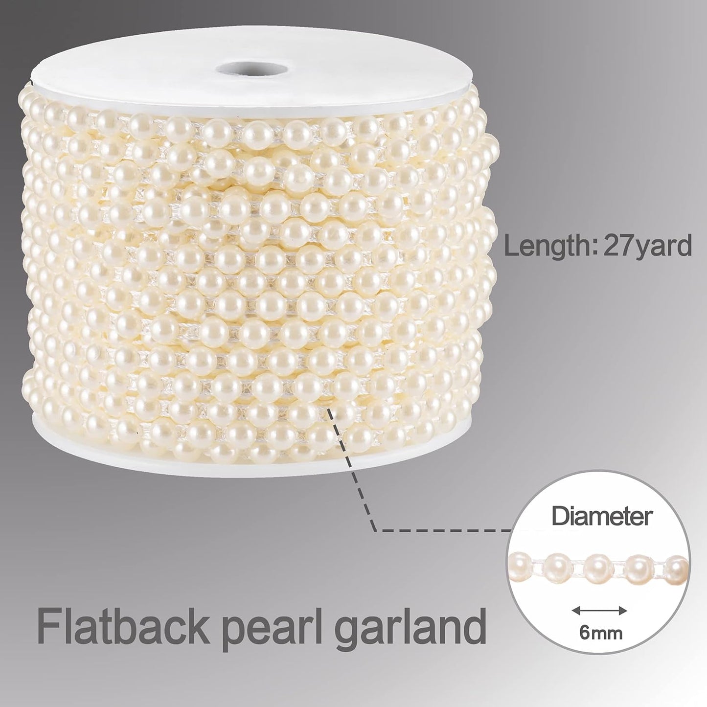 Flat Pearl Garland String 27 Yards, 6MM Half-Round Beaded Spool Roll Crafts for Wedding Decoration (Ivory)