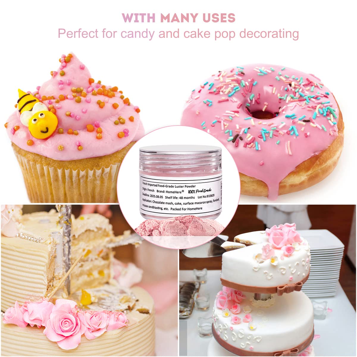 HomeHere Edible Luster Dust Food-Grade Glimmer Powder Glitter for Cake Decorating 7g, Edible Sprinkle Glitter for Cocktails Drinks Baking Candy Dessert Chocolate Vegan Tasteless, Light Pink