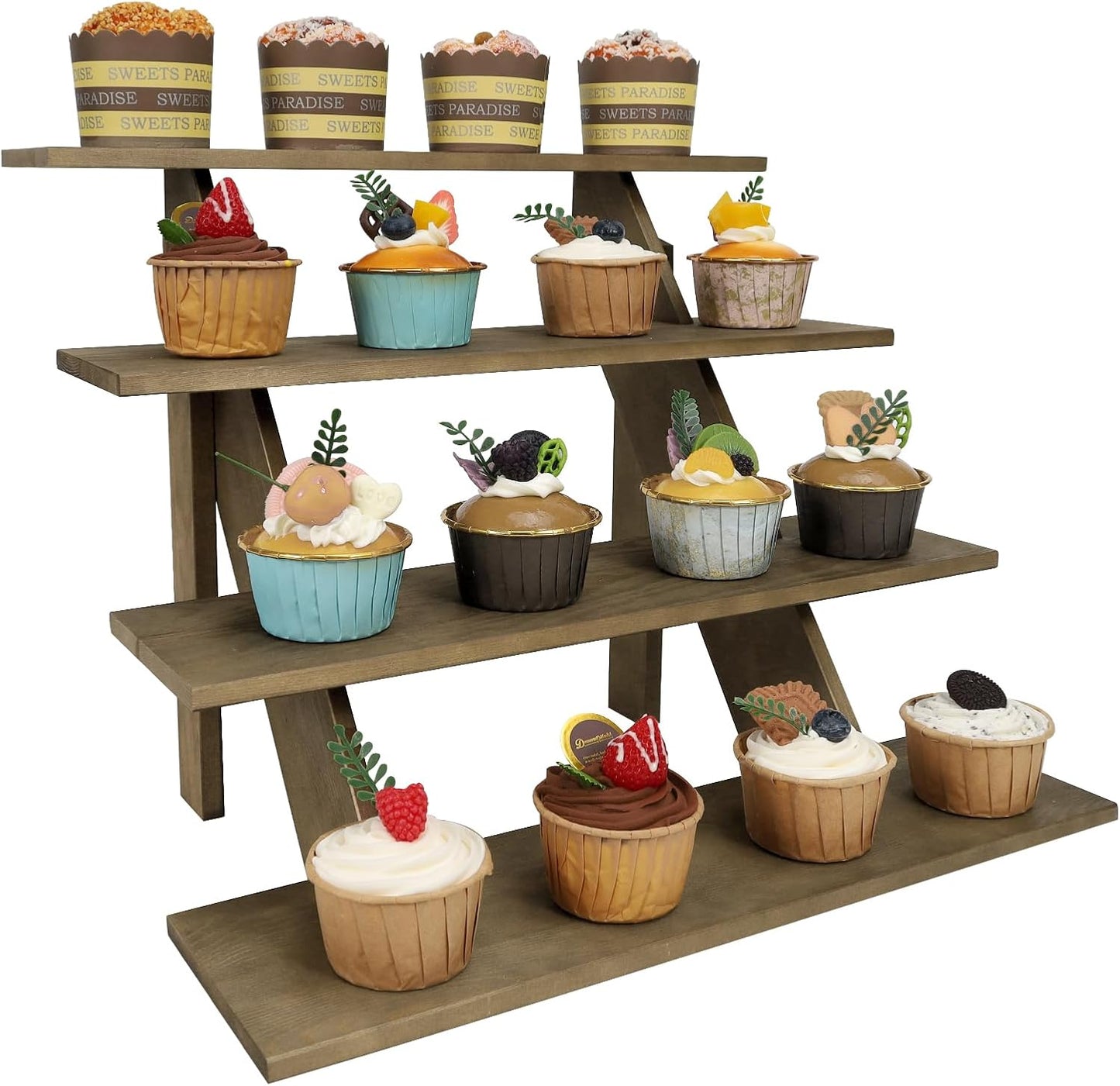 ZYP 4 Tier Wood Cupcake Display Stand Tool Free Retail Cookie Display Riser,Rustic Tiered Table Display Stand for Vendors Home Wedding Party,Brown