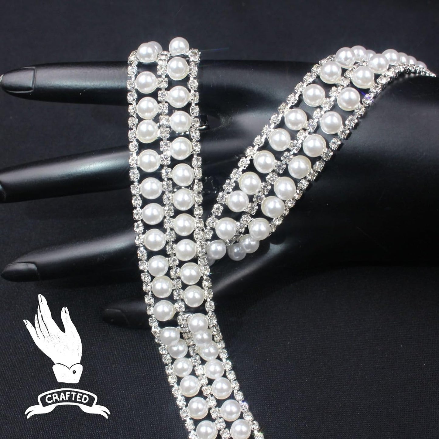 PEARLY JUN 2 Yards Pearl Rhinestone Trim Chain Silver Crystal Fringe Diamond Applique Ribbon String Tassel Strip for Sewing Wedding Dress Crafting Crafts Flower Embellishments