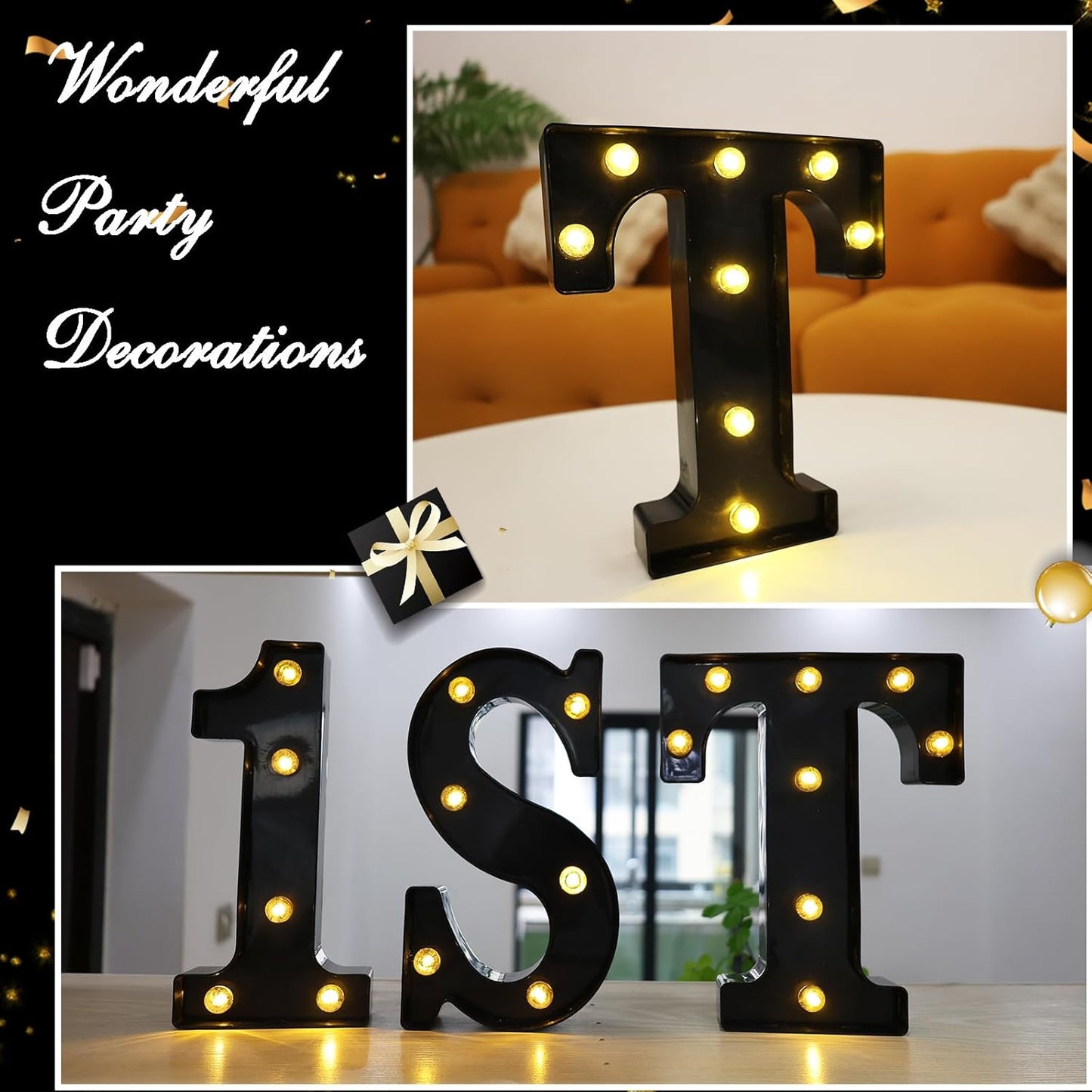 Led Marquee Letters, 8.58 Inch Black Light Up Letters, Small Led Letter Lights, Battery Powered Lighted Letterfor Table, Party, Birthday, Christmas Decor (Black, Letter T)