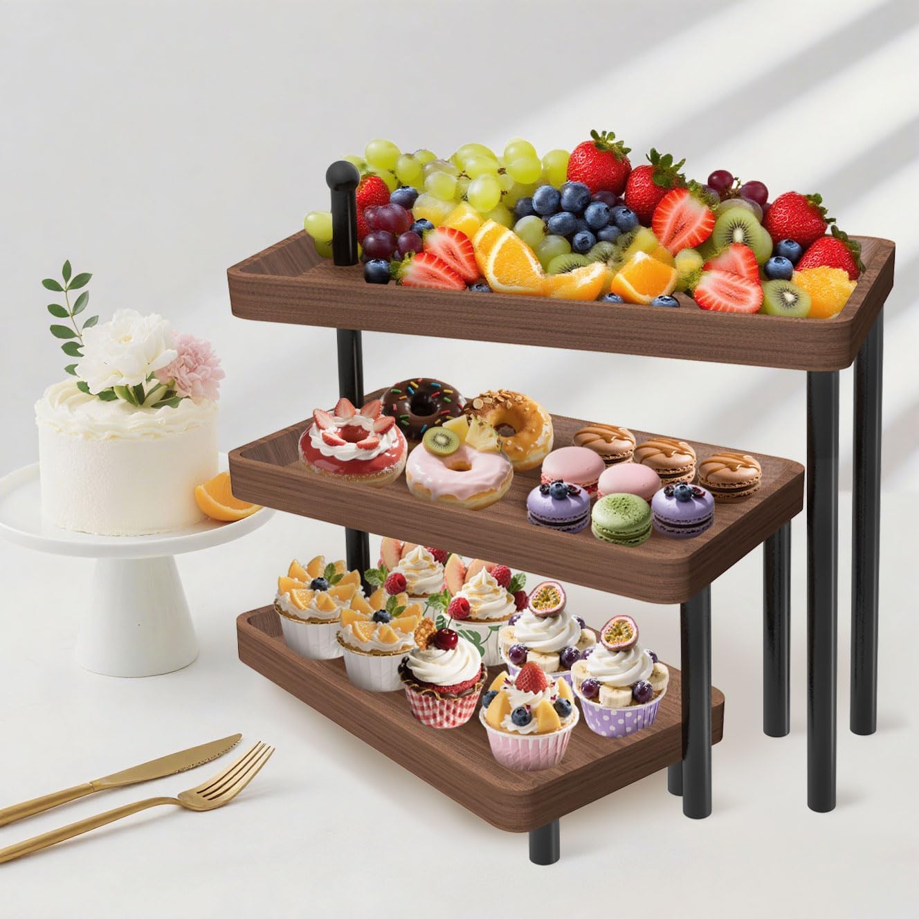 Serving Tray for Party, Wooden Cupcake Stand 3 Tiered Tray Stand Rotating Tiered Serving Tray Dessert Table Display Set Reusable Tiered Serving Platters for Cupcake, Veggie Fruit, Cookies, Dessert