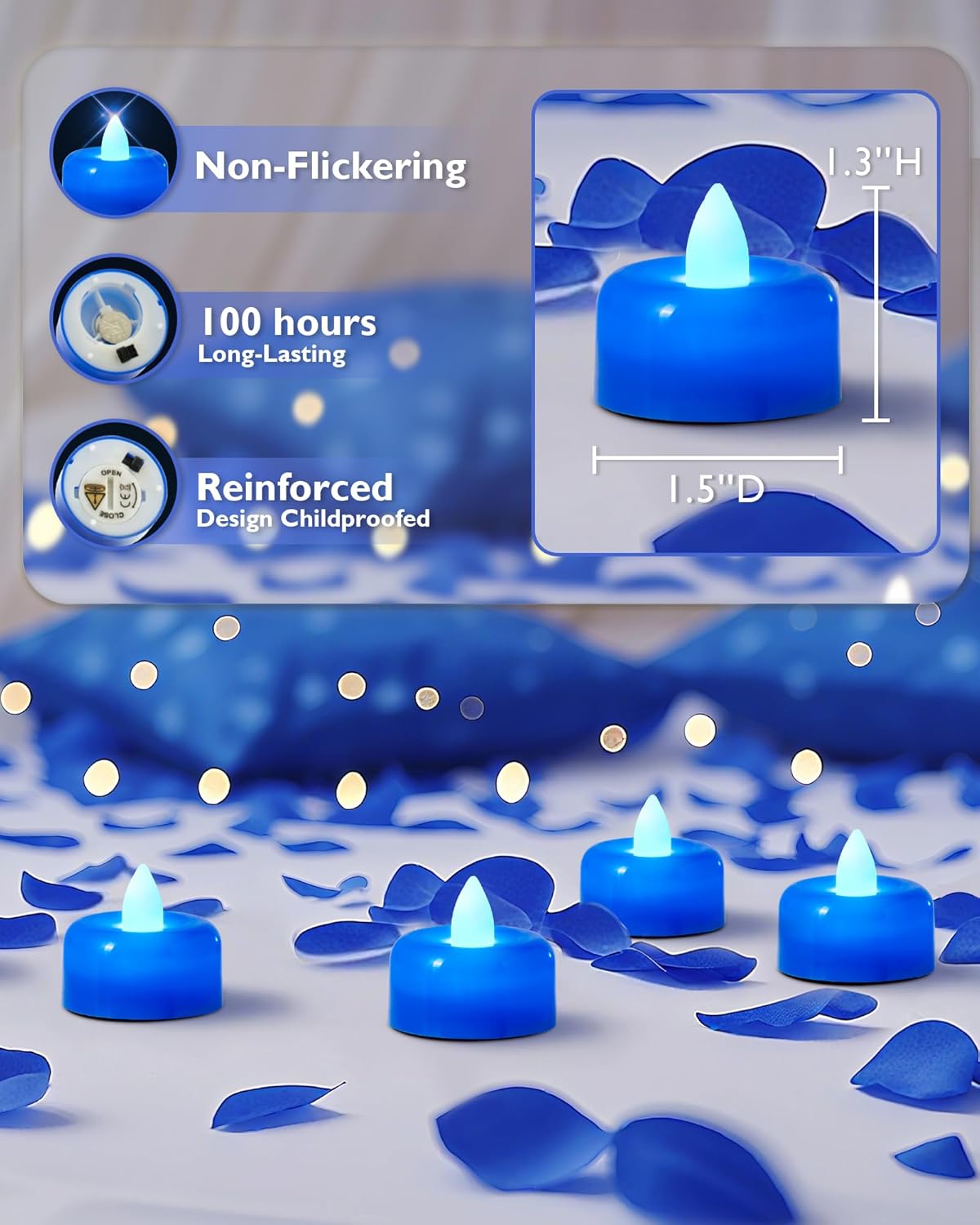 Amagic 24 Pack Blue Flameless LED Tea Lights Candles Battery Operated, Electric Fake Tealight Candles for Wedding, Table Centerpiece, Home Decor, Gift, Party, Halloween, Christmas, Proposal