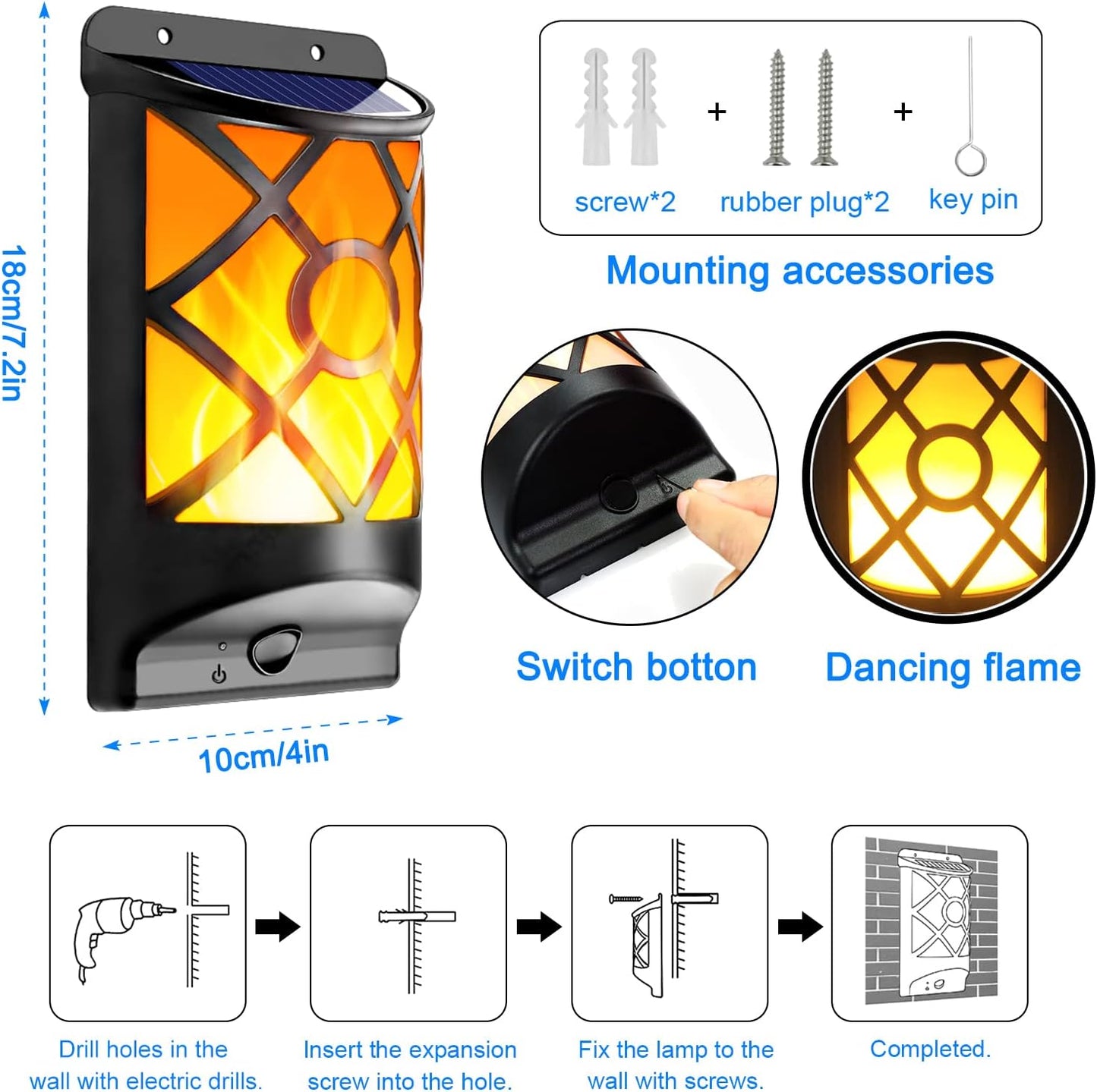 Solar Flame Lights Outdoor, Realistic 3D Flickering Flames with 66 Ultra-Bright LEDs - Waterproof Wall Mount Lanterns for Deck, Fence, Patio, Garden, Auto On/Off (4-Pack Value Set)