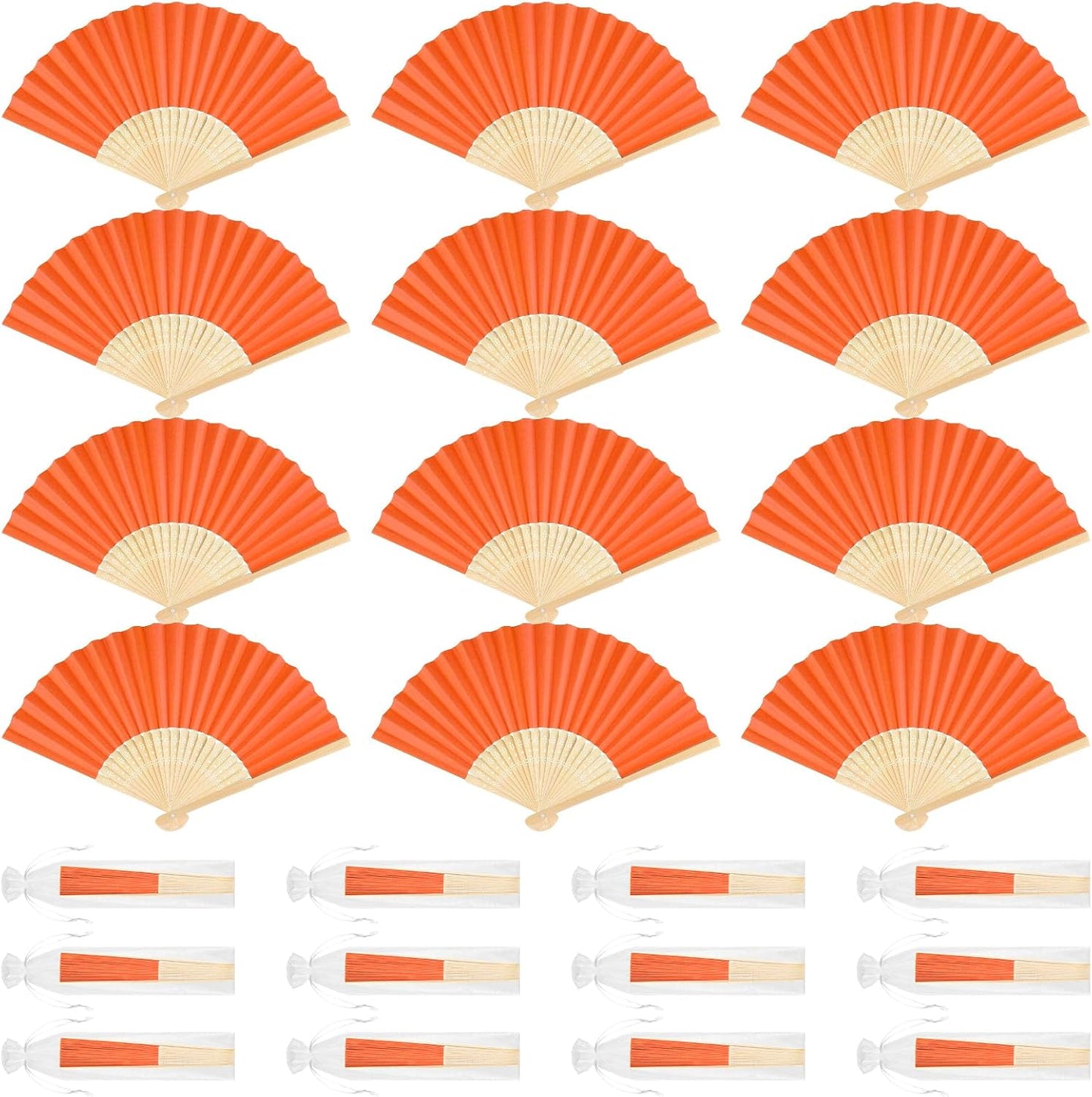 12 Pieces Orange Hand Held Bamboo Folding Fans Paper Fans Handheld for Women Foldable Girls Wedding DIY Decoration Church Home Party Favors Summer