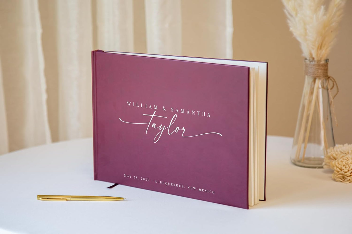 Personalized Guest Book - 11.5" x 8.5" Custom Bride & Groom Names with Bookmark and Hard Cover 140 GSM Blank Pages, for Weddings Guest Book, Engagements, Birthdays, Special Events, Wine