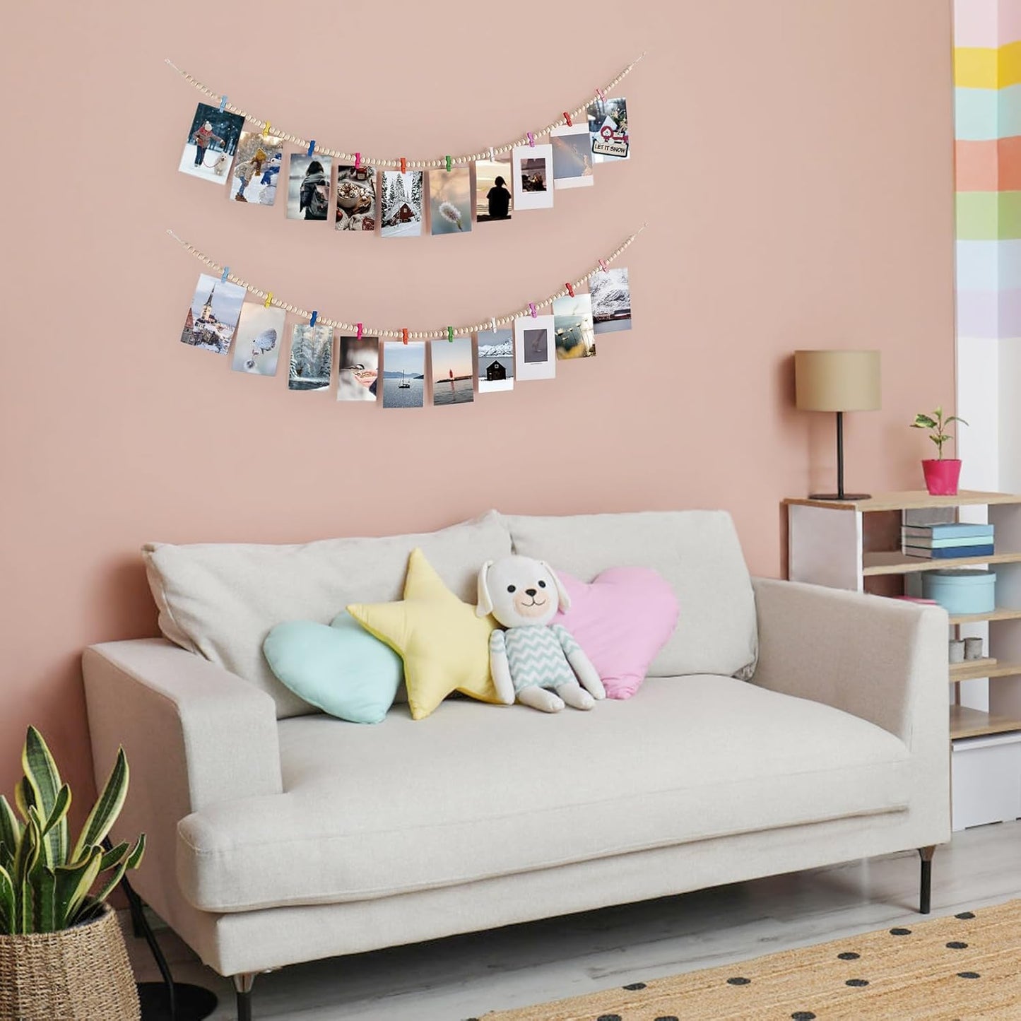 Mkono Hanging Photo Display with Clips, Boho Wooden Bead Garland Banner, Collage Card Picture Kids Art Holder String with 10 Clips for Christmas Bedroom Dorm Decor, Teen Girl Gifts, Mutil, 2 Pack