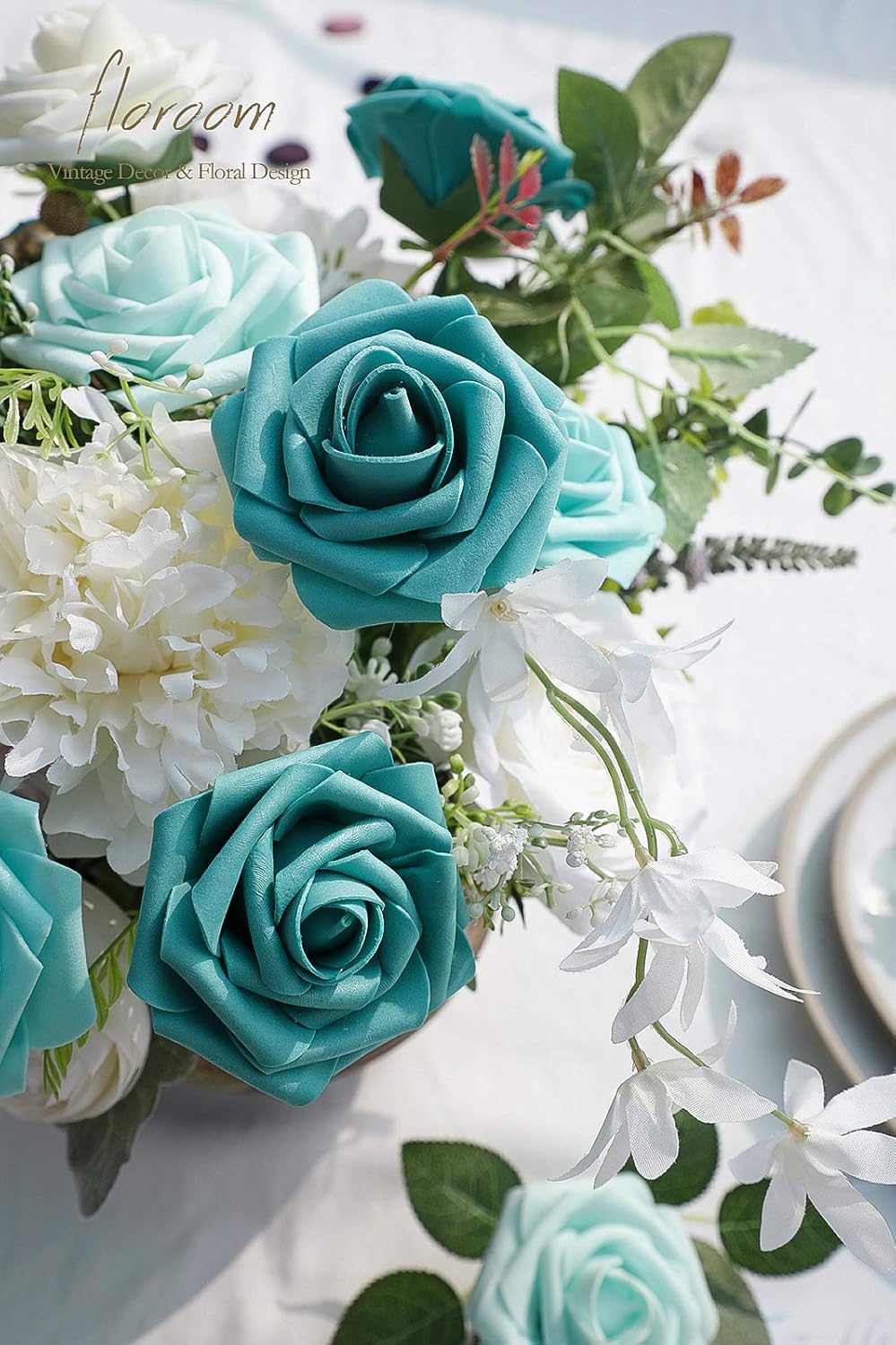 Floroom Artificial Flowers 25pcs Real Looking Green Ombre Colors Foam Fake Roses with Stems for DIY Wedding Bouquets Bridal Shower Centerpieces Floral Arrangements Party Tables Home Decorations