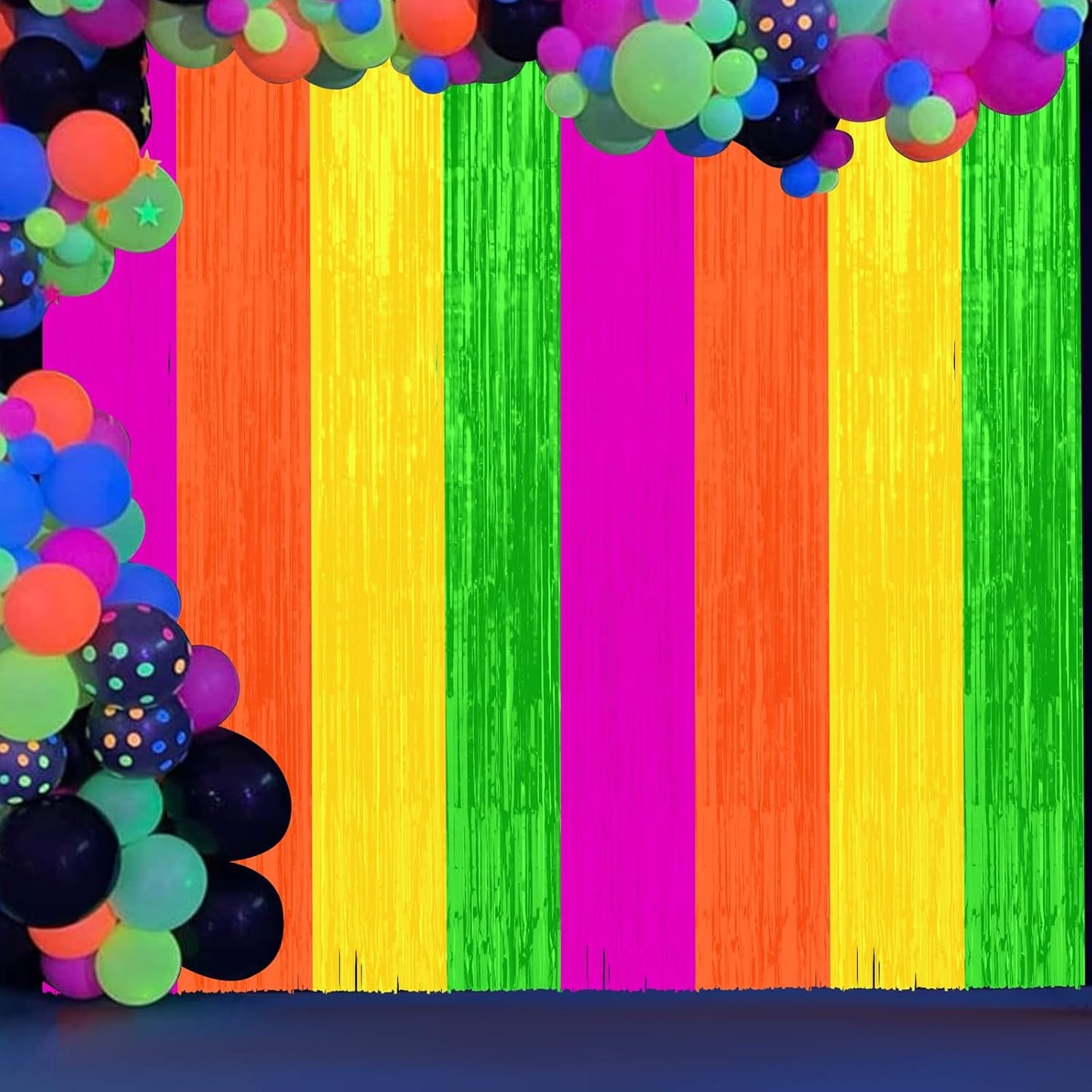 4Pack 3.3Ft x 6.6Ft Multi-Color Glow in the Dark Foil Fringe Curtain Backdrop Party Supplies, Fluorescent Macaron Metallic Tinsel Foil Streamers Curtain Photo Booth for Neon Birthday Party Decorations