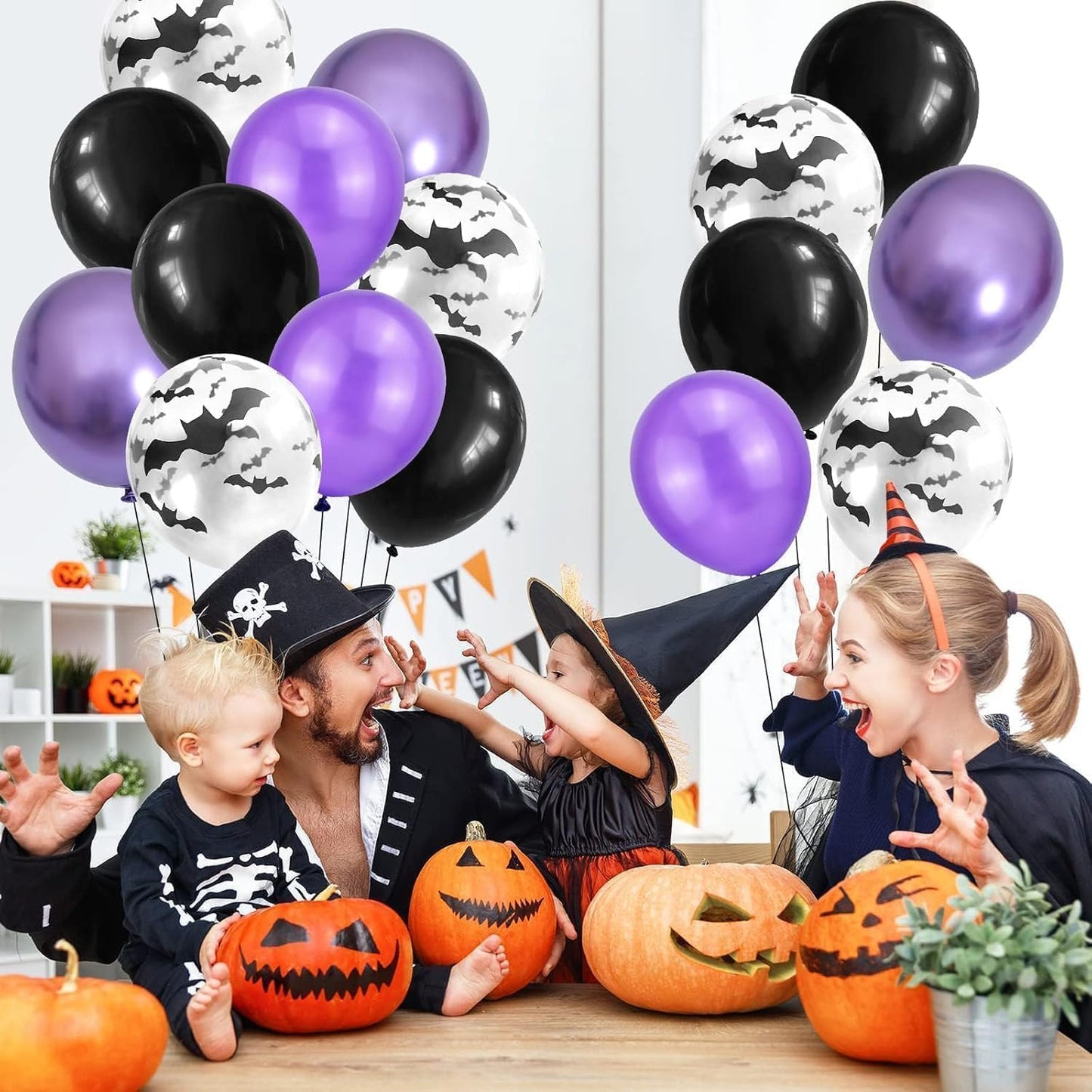 Halloween Balloons, 60PCS Purple and Black Balloons, Metallic Purple and Halloween Bat Printed Clear Balloon, Halloweens Latex Balloon for Boy Girl Birthday Party Decorations Indoor Outdoor