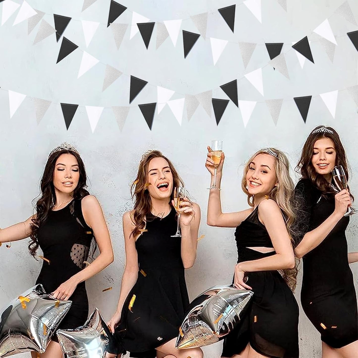 Black White-Silver Party-Decorations - 33pcs Kits Banner,Graduation Streamer Tassel Garland,Tissue Pom Poms Honeycomb,Paper Lantern Fans,Birthday Wedding Baby Bridal Shower New Years Decor Hugtmr