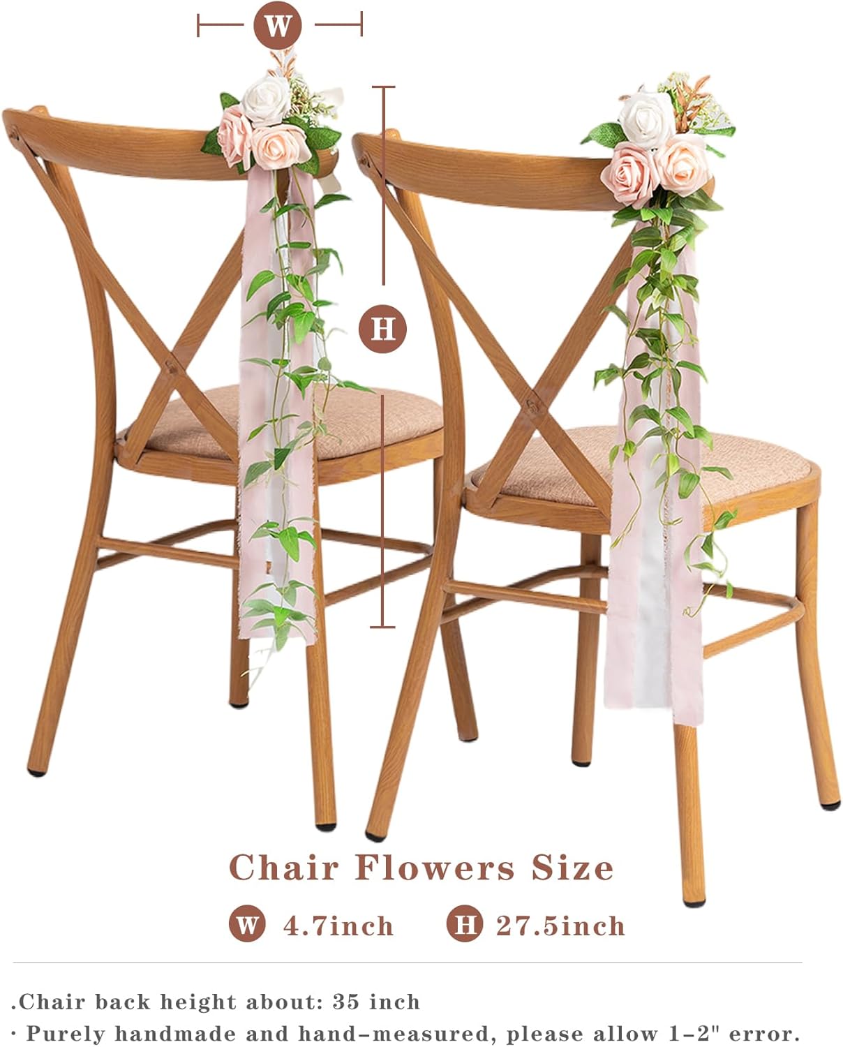 Meldel Wedding Chair Decorations Set of 10 Aisle Artificial Flowers White Pink Rose Garland with Hanging Ribbons for Ceremony Reception Church Pew Arrangement Party Wedding Aisle Decor