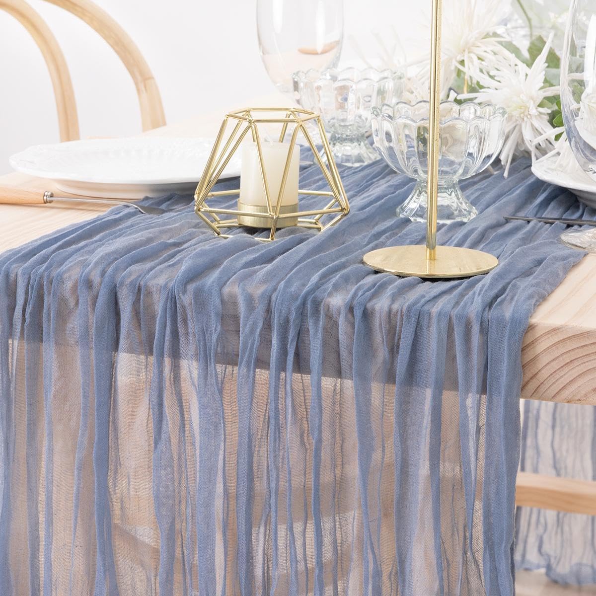 MLMW 10 Pack Dusty Blue Table Runner Cheesecloth Gender Reveal Boho Gauze Rustic Cheese Cloth Table Runner 160 inch Sheer 13.3ft for Wedding Party Baby Bridal Shower Birthday