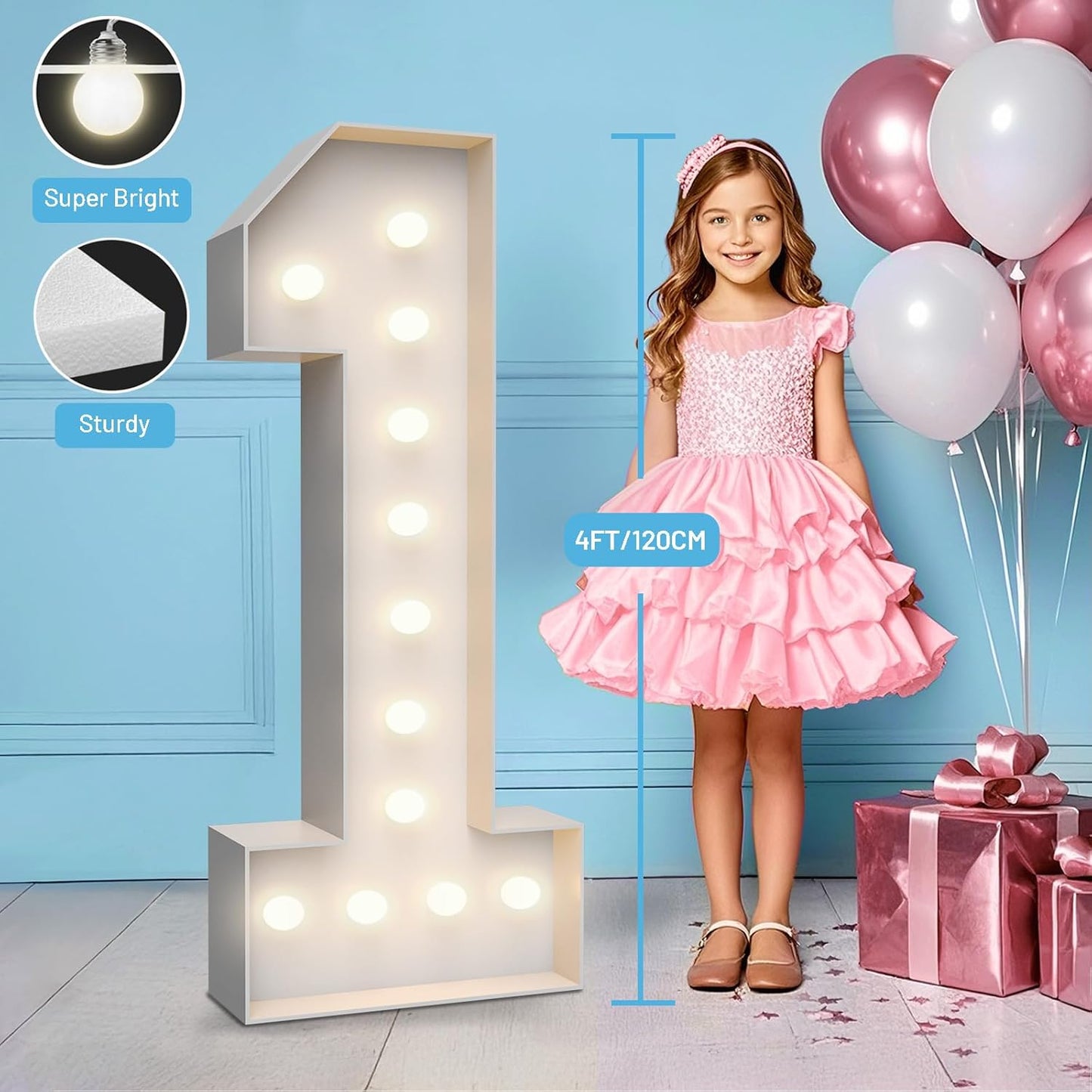 4FT Marquee Light Up Numbers 1,Party Decoration Large Marquee Light Up Letters with Weighted Water Bag,Pre-cut Foam Board Set Can Be Used for Birthdays,Weddings,Baby Anniversaries