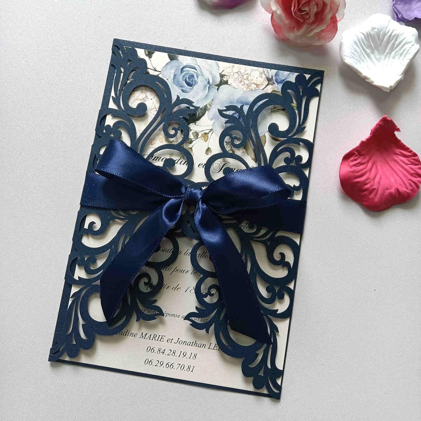 25PCS Pearl Navy Blue Laser Cut Wedding Invitations Cards with Envelopes,Blank Inner Sheets,Ribbons for Wedding Bridal Shower Quinceañera Engagement Birthday Invites