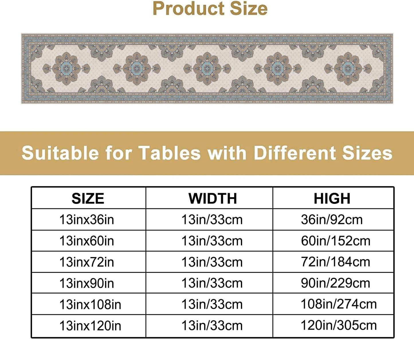 Boho Bohemia Style Table Runner, Vintage Teal Brown Retro Flower Rustic Country Style Floral Print Pattern for Home Kitchen Table Decor Dining Coffee Room Garden Party Decor 13x120in